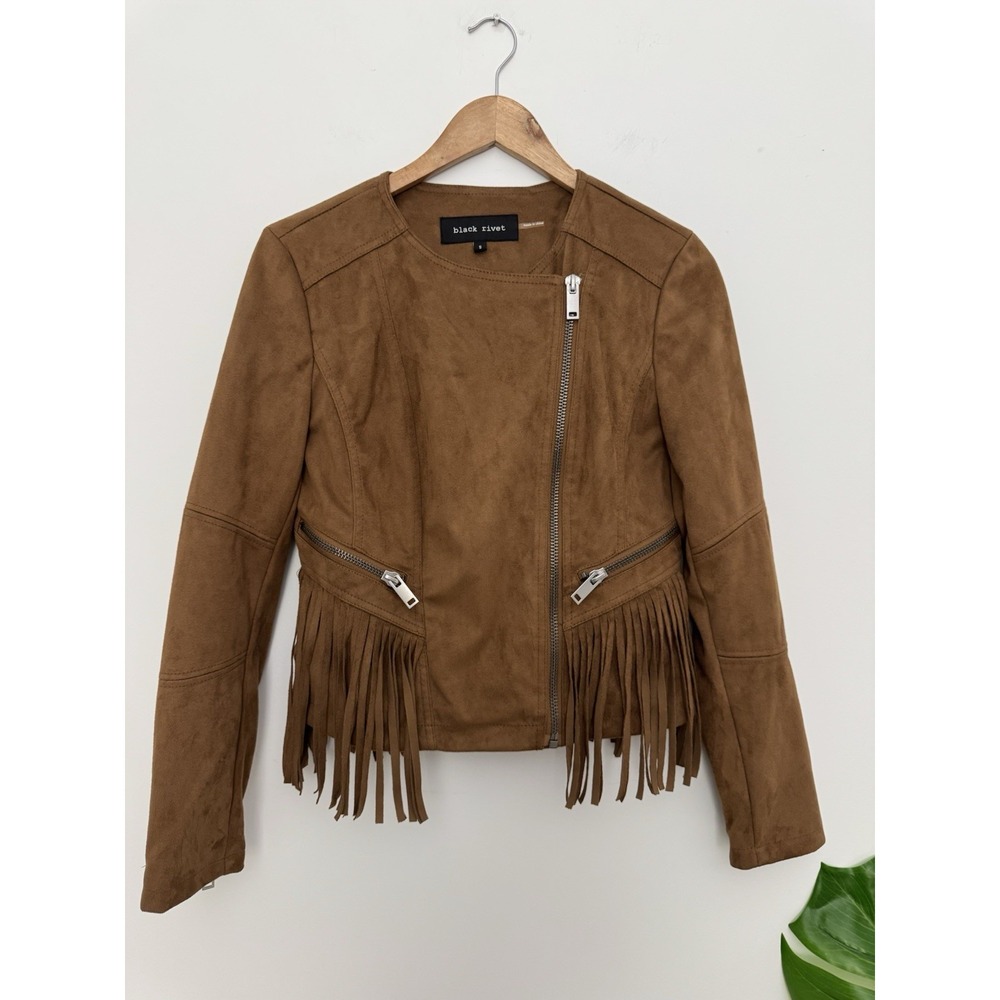 Faux Suede Jacket Women Small Western Fringe Boho Open Front Tan Coastal Cowgirl - Picture 2 of 11